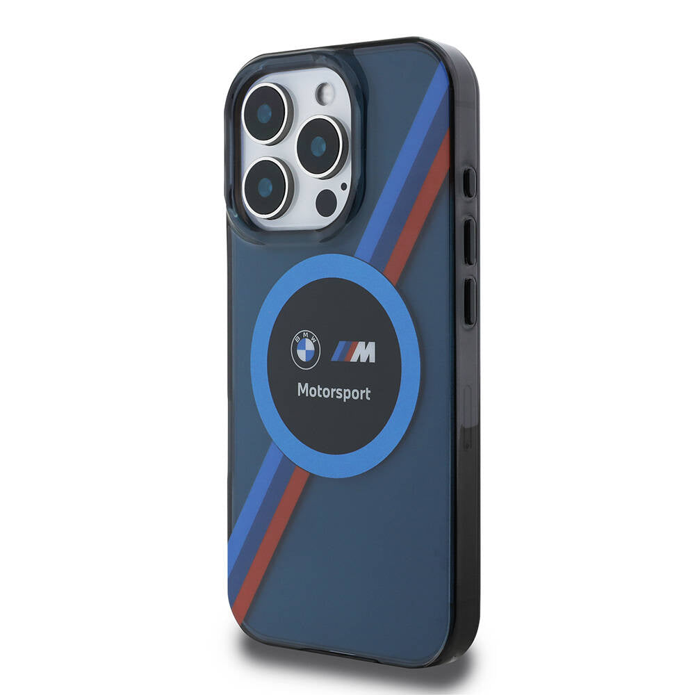 iPhone 16 Pro Kılıf BMW Orjinal Lisanslı Magsafe Şarj Özellikli M Logolu Üç Renk Çizgili Motorsport Circle Kılıf Lacivert