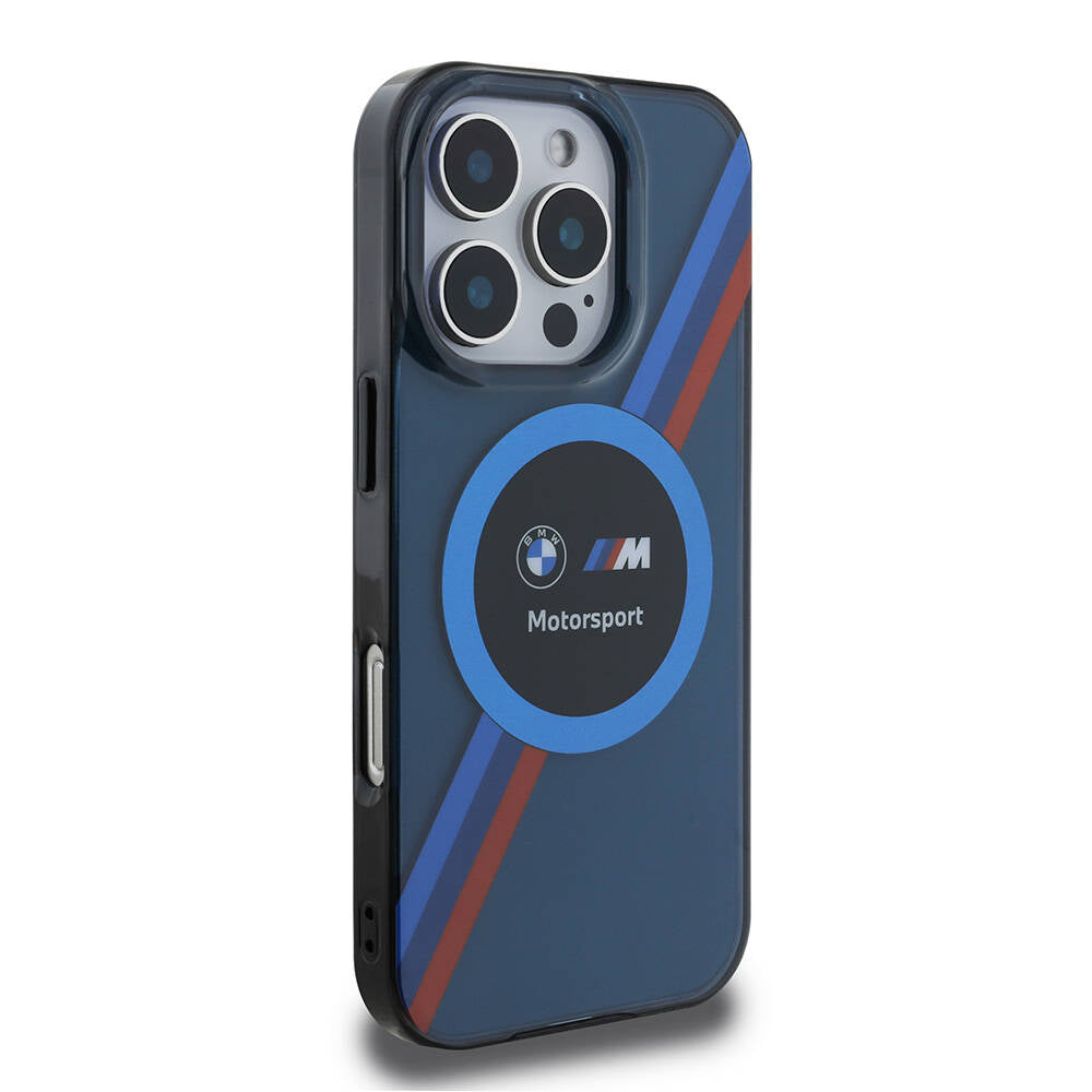 iPhone 16 Pro Kılıf BMW Orjinal Lisanslı Magsafe Şarj Özellikli M Logolu Üç Renk Çizgili Motorsport Circle Kılıf Lacivert
