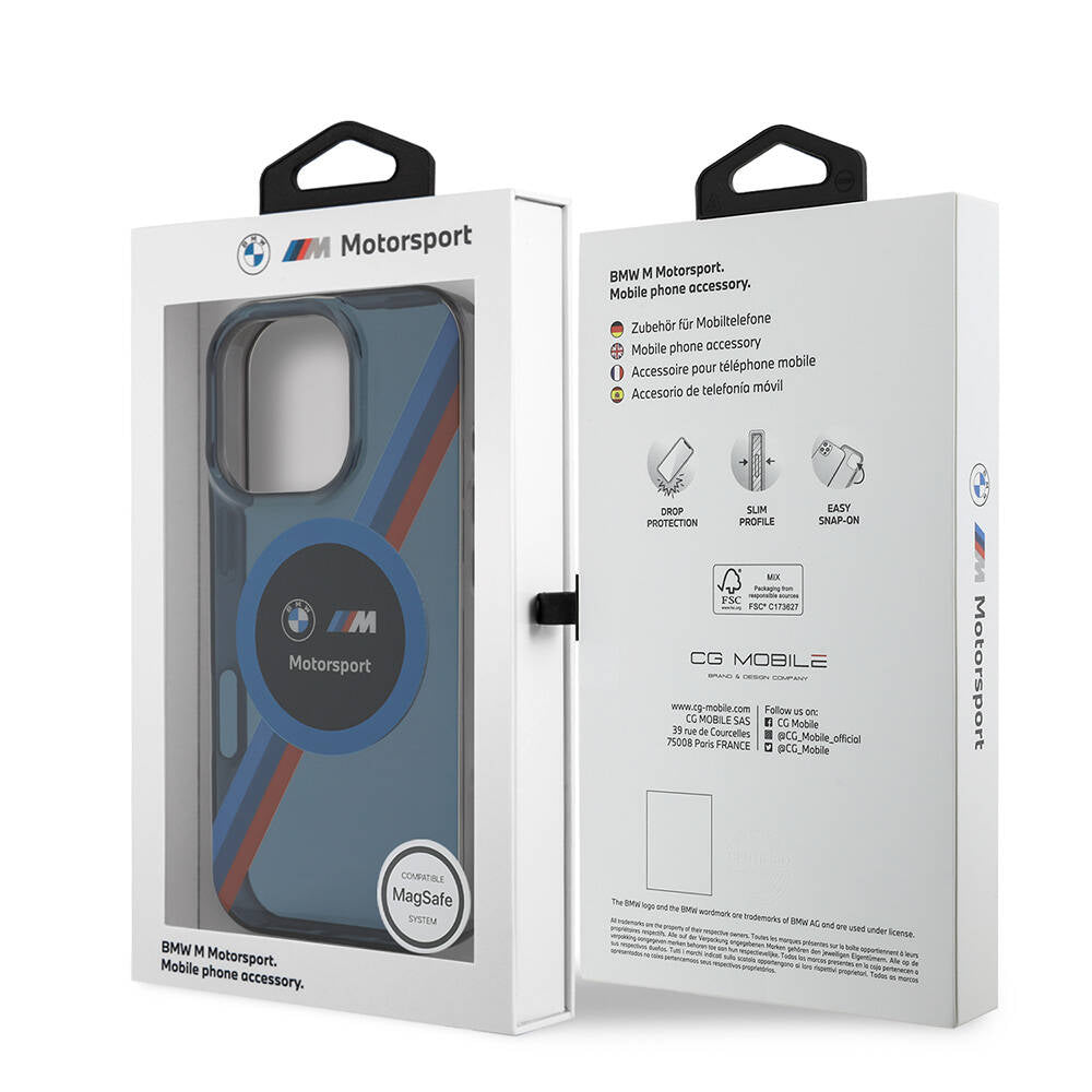 iPhone 16 Pro Kılıf BMW Orjinal Lisanslı Magsafe Şarj Özellikli M Logolu Üç Renk Çizgili Motorsport Circle Kılıf Lacivert