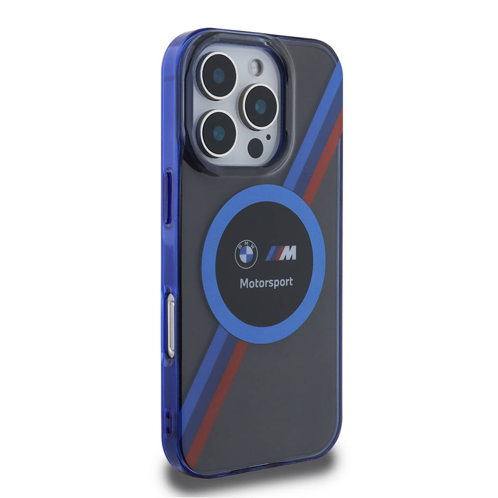 iPhone 16 Pro Kılıf BMW Orjinal Lisanslı Magsafe Şarj Özellikli M Logolu Üç Renk Çizgili Motorsport Circle Kılıf Lacivert