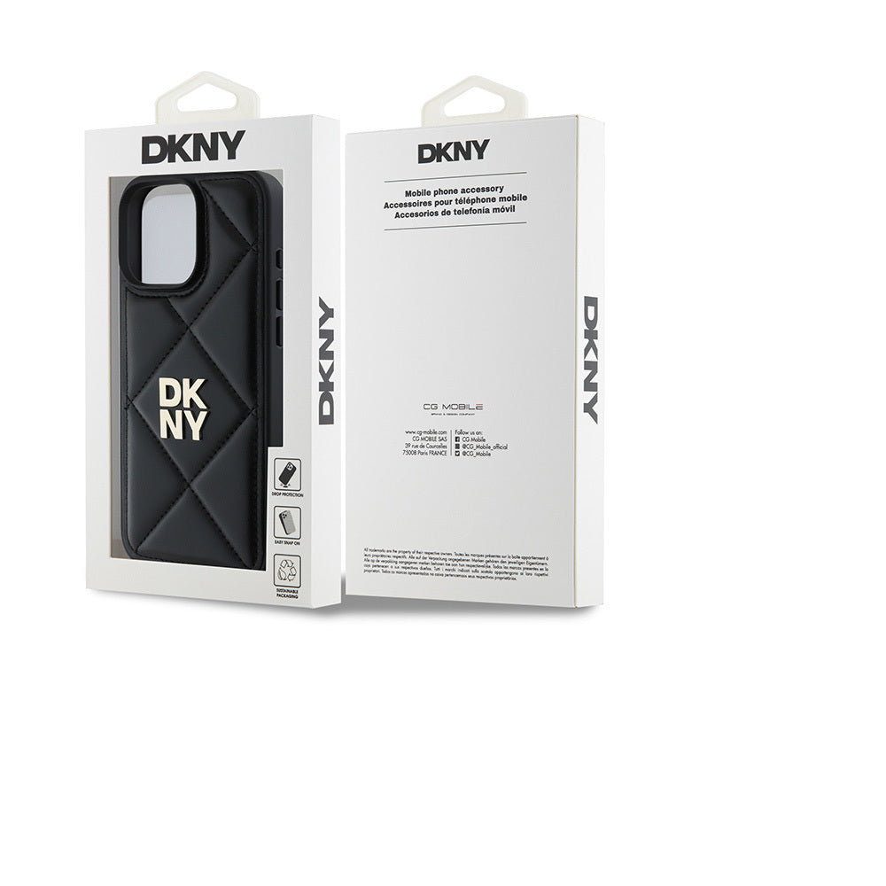 iPhone 16 Pro Kılıf DKNY Orjinal Lisanslı Kapitone Tasarımlı Metal Logolu Deri Kılıf Siyah