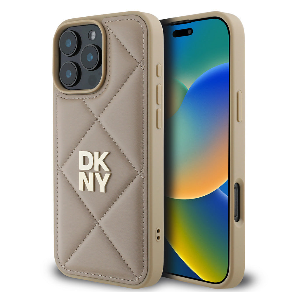 iPhone 16 Pro Kılıf DKNY Orjinal Lisanslı Kapitone Tasarımlı Metal Logolu Deri Kılıf Siyah