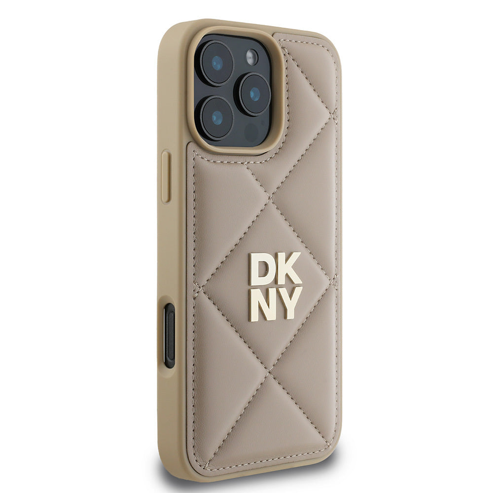 iPhone 16 Pro Kılıf DKNY Orjinal Lisanslı Kapitone Tasarımlı Metal Logolu Deri Kılıf Siyah
