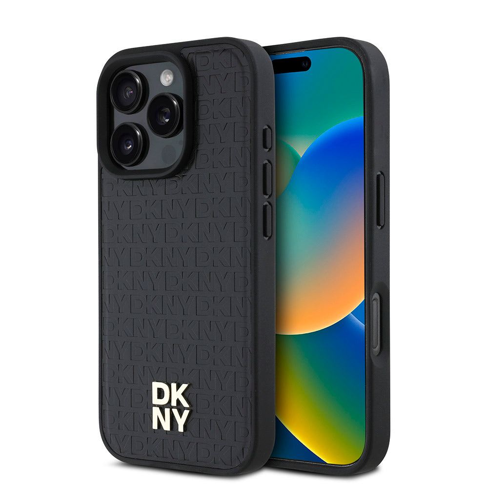 iPhone 16 Pro Kılıf DKNY Orjinal Lisanslı Magsafe Şarj Özellikli 3D Yazılı Repeat Pattern Kılıf Siyah