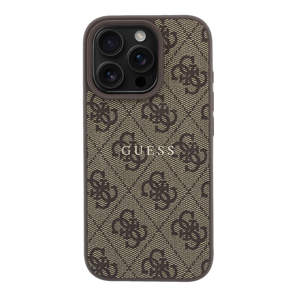 Apple iPhone 16 Pro Kılıf Guess Orjinal Lisanslı M-safe Kabartmalı 4G Desenli Yazı Logolu Kapak Kahverengi