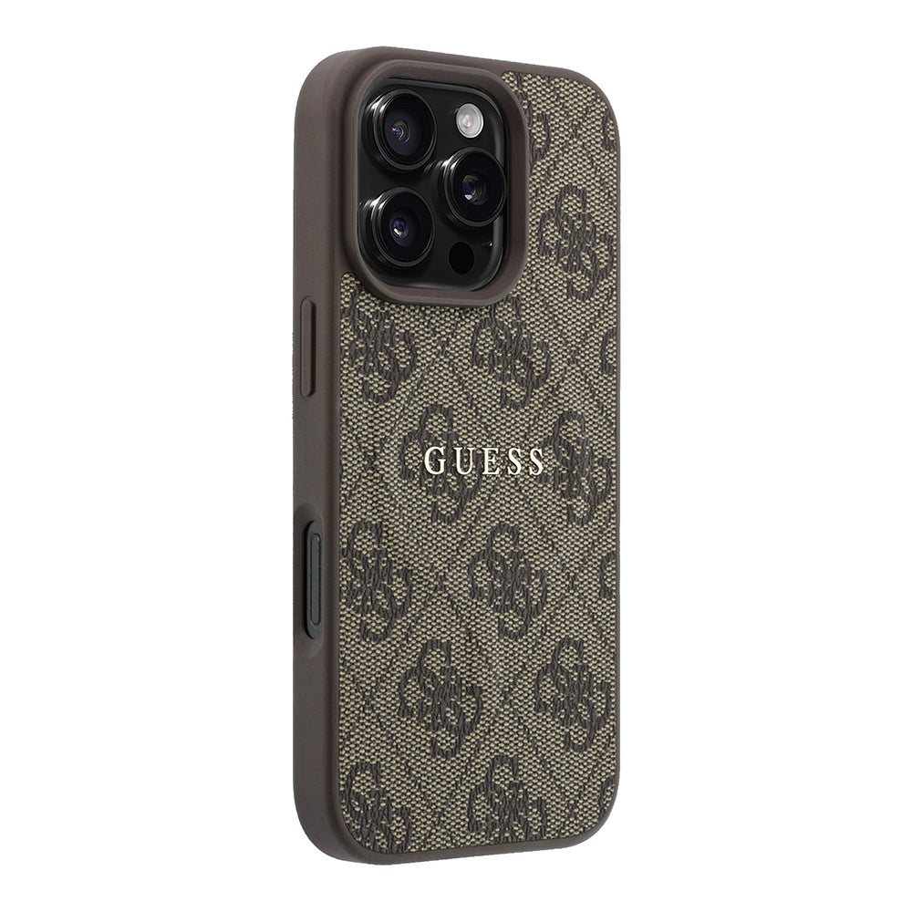 Apple iPhone 16 Pro Kılıf Guess Orjinal Lisanslı M-safe Kabartmalı 4G Desenli Yazı Logolu Kapak Kahverengi