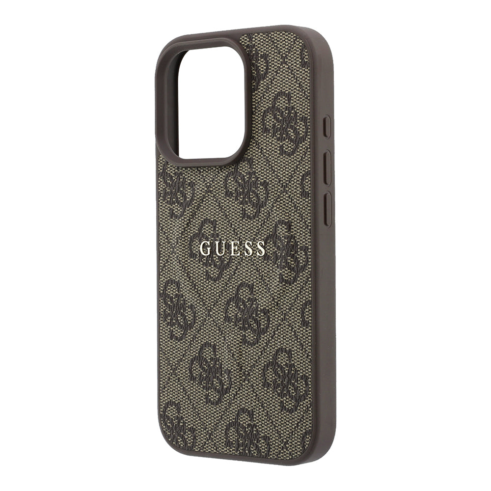 Apple iPhone 16 Pro Kılıf Guess Orjinal Lisanslı M-safe Kabartmalı 4G Desenli Yazı Logolu Kapak Kahverengi