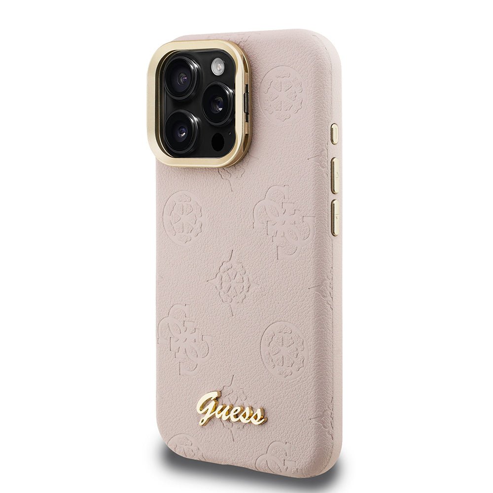 Apple iPhone 16 Pro Kılıf Guess Orjinal Lisanslı M-safe Şarj Özellikli Sıcak Baskılı Yazı Logolu Kamera Standlı PU Deri Peony Kapak Bej