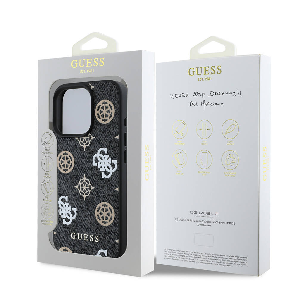 Apple iPhone 16 Pro Kılıf Guess Orjinal Lisanslı Magsafe Şarj Özellikli 4G Desenli Yazı Logolu Peony Kapak Siyah