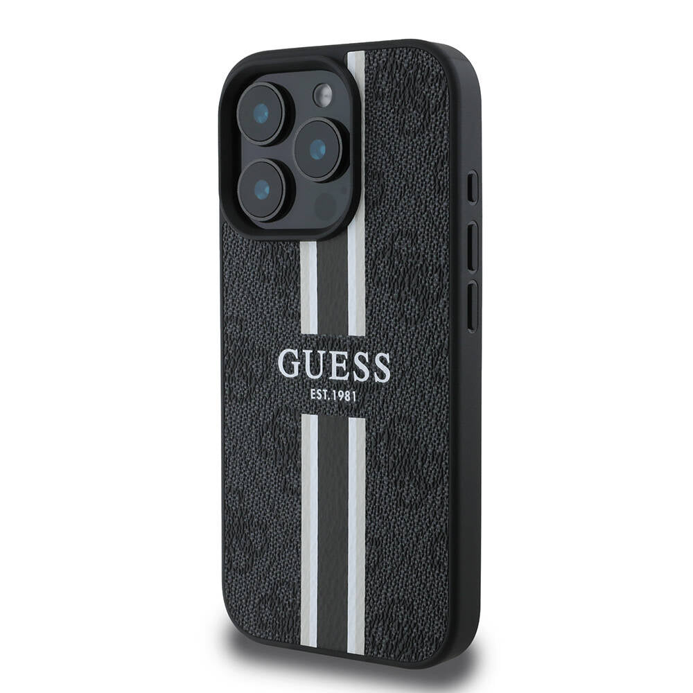 Apple iPhone 16 Pro Kılıf Guess Orjinal Lisanslı Magsafe Şarj Özellikli 4G Şerit Tasarımlı Printed Kapak Siyah