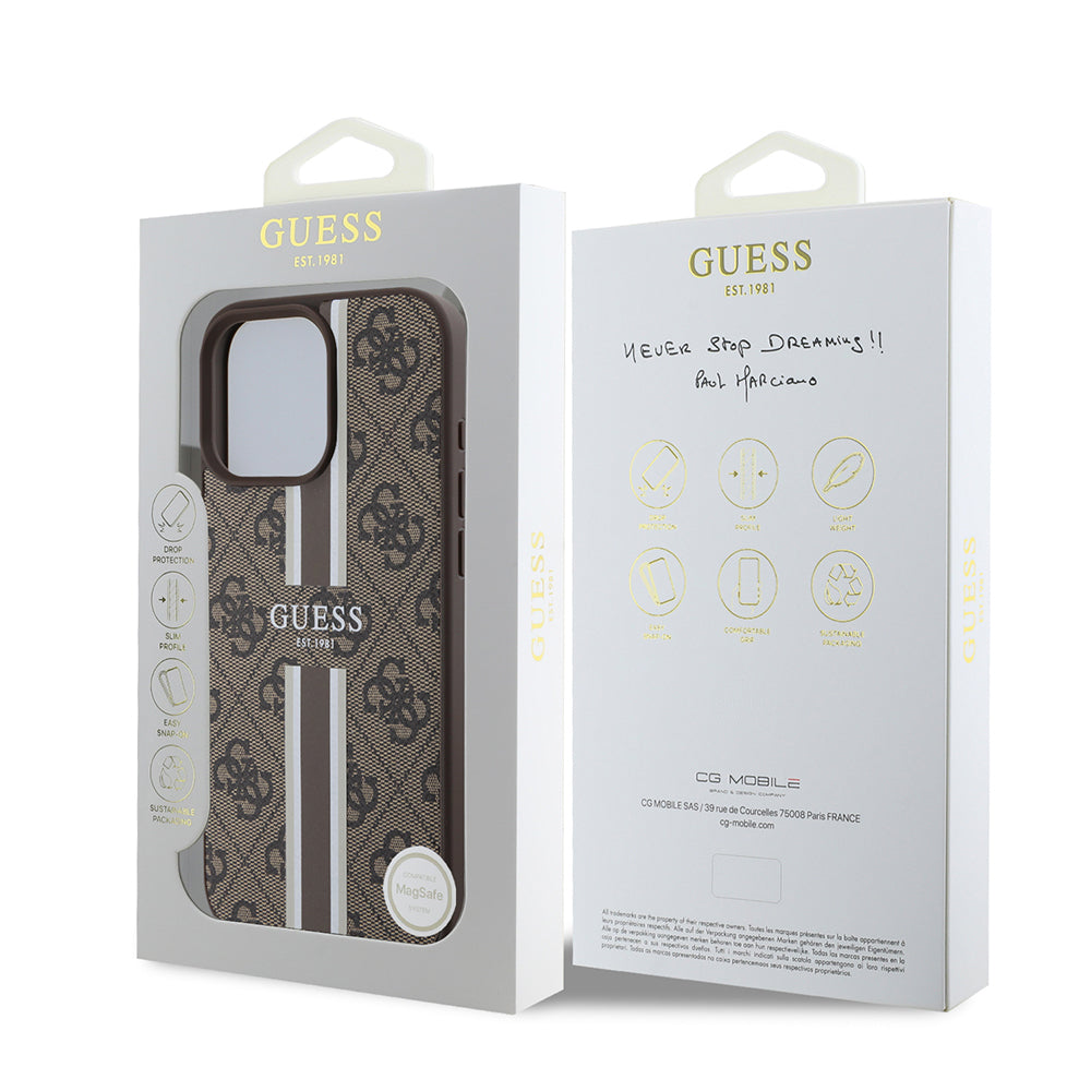 Apple iPhone 16 Pro Kılıf Guess Orjinal Lisanslı Magsafe Şarj Özellikli 4G Şerit Tasarımlı Printed Kapak Pembe