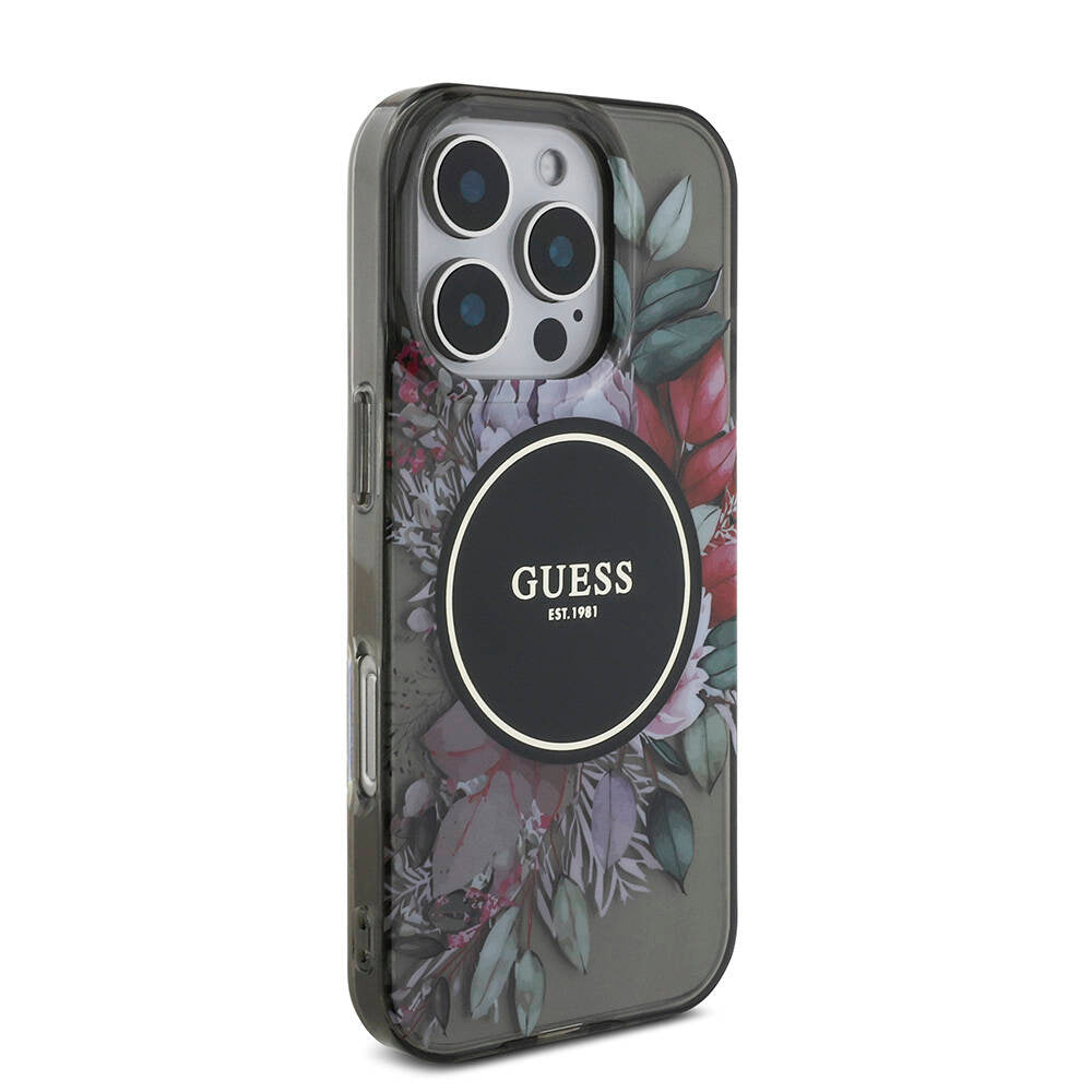 Apple iPhone 16 Pro Kılıf Guess Orjinal Lisanslı Magsafe Şarj Özellikli IML Baskılı Çiçek İnci Bileklikli Kapak Pembe