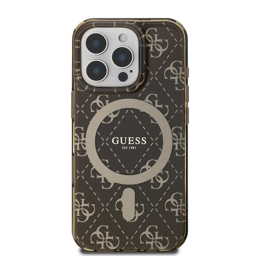 Apple iPhone 16 Pro Kılıf Guess Orjinal Lisanslı Magsafe Şarj Özellikli IML Baskılı Klasik Logolu 4G Desenli Kapak Kahverengi