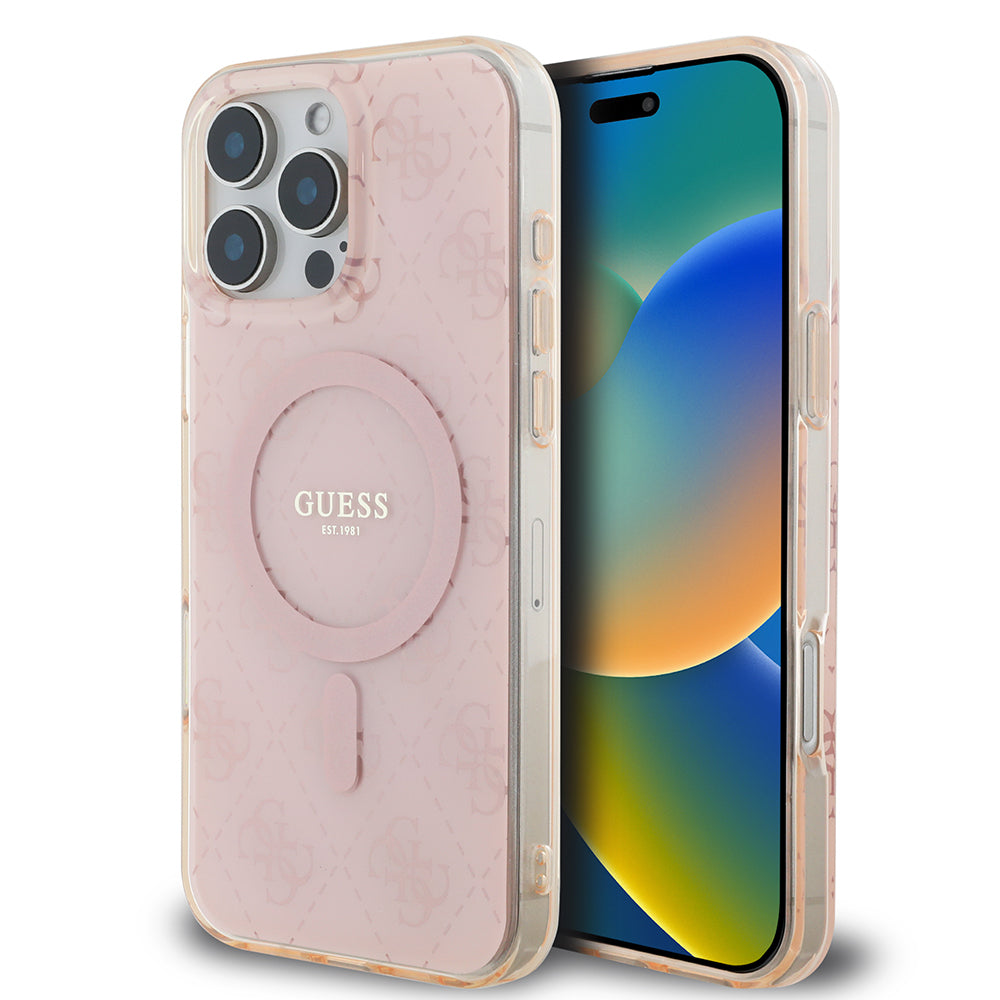 Apple iPhone 16 Pro Kılıf Guess Orjinal Lisanslı Magsafe Şarj Özellikli IML Baskılı Klasik Logolu 4G Desenli Kapak Pembe