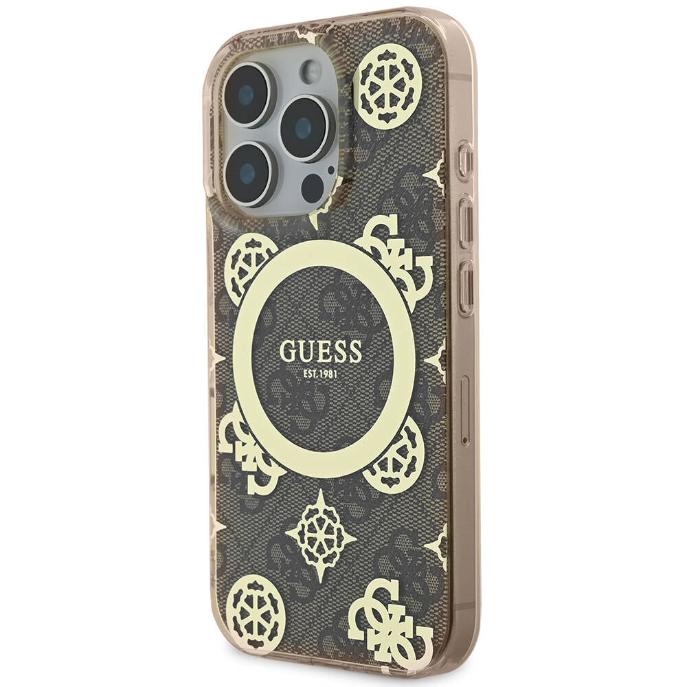 Apple iPhone 16 Pro Kılıf Guess Orjinal Lisanslı Magsafe Şarj Özellikli IML Peony ve 4G Desenli Klasik Logolu Kapak Kahverengi
