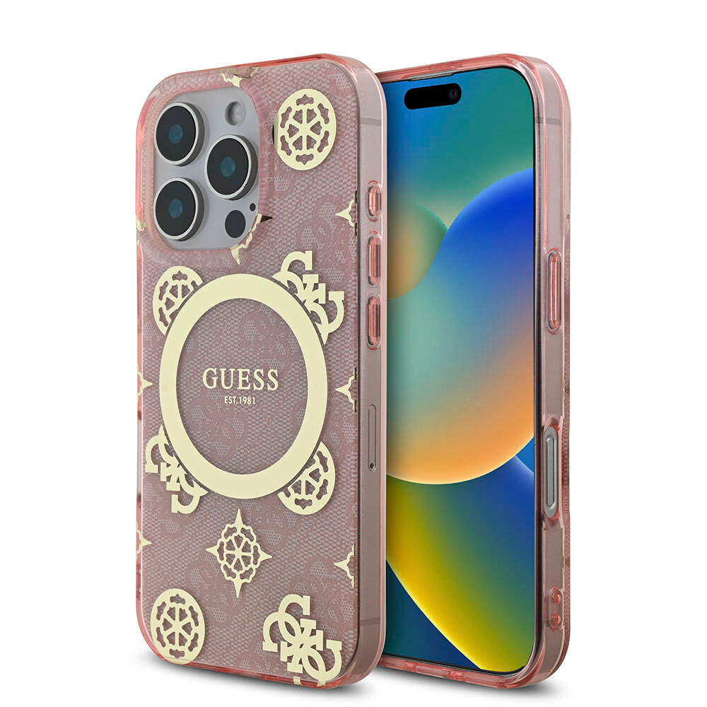 Apple iPhone 16 Pro Kılıf Guess Orjinal Lisanslı Magsafe Şarj Özellikli IML Peony ve 4G Desenli Klasik Logolu Kapak Siyah