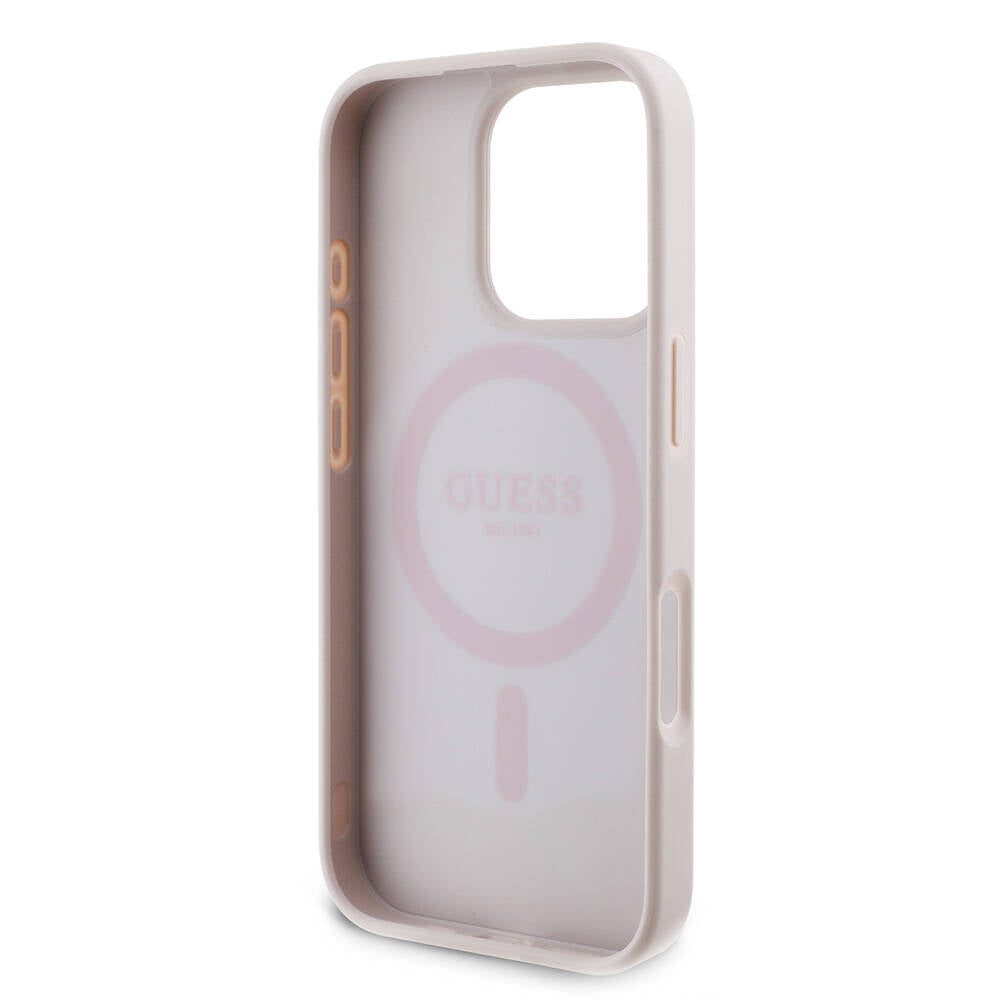 Apple iPhone 16 Pro Kılıf Guess Orjinal Lisanslı Magsafe Şarj Özellikli PU Deri 4G Desenli Taşlı Üçgen Logolu Kapak Siyah