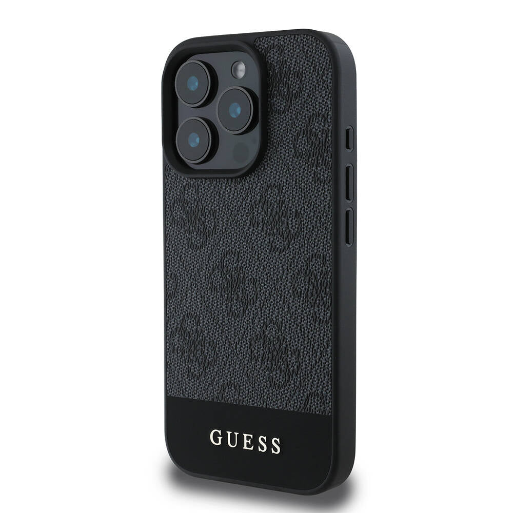 Apple iPhone 16 Pro Kılıf Guess Orjinal Lisanslı Magsafe Şarj Özellikli PU Deri Şerit Logo Dizaynlı Kapak Siyah