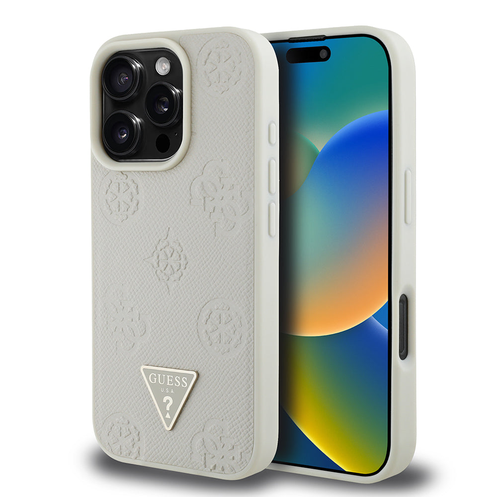 Apple iPhone 16 Pro Kılıf Guess Orjinal Lisanslı M-safe Şarj Özellikli Sıcak Baskılı Üçgen Logolu PU Deri Peony Kapak Kahverengi