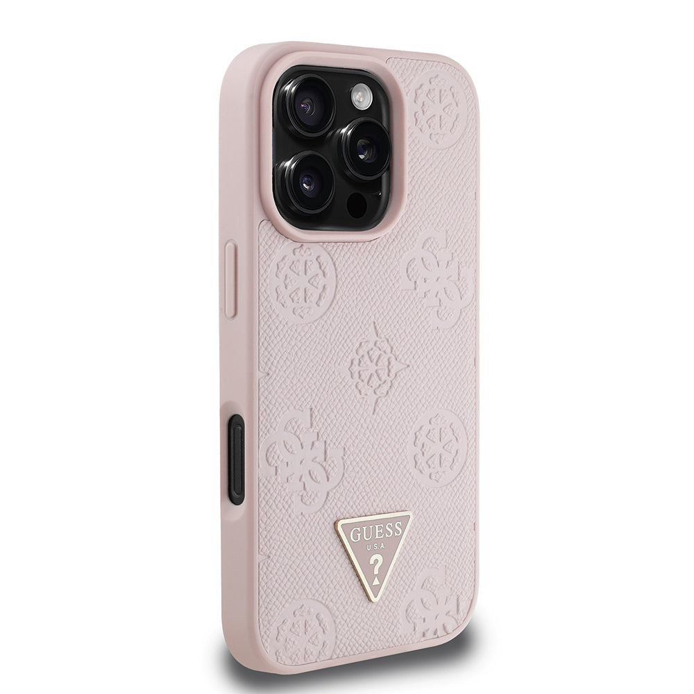 Apple iPhone 16 Pro Kılıf Guess Orjinal Lisanslı M-safe Şarj Özellikli Sıcak Baskılı Üçgen Logolu PU Deri Peony Kapak Kahverengi