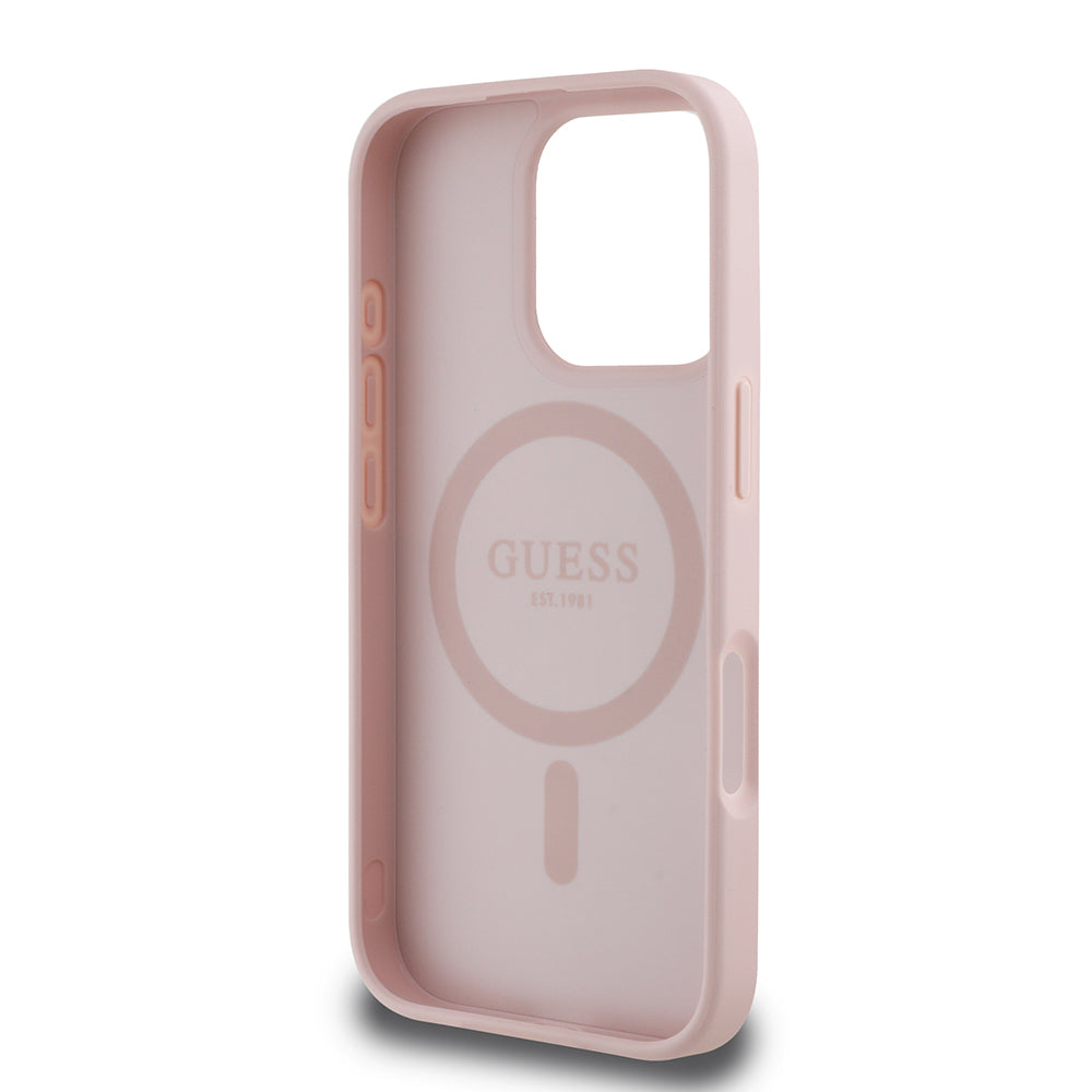 Apple iPhone 16 Pro Kılıf Guess Orjinal Lisanslı M-safe Şarj Özellikli Sıcak Baskılı Üçgen Logolu PU Deri Peony Kapak Kahverengi