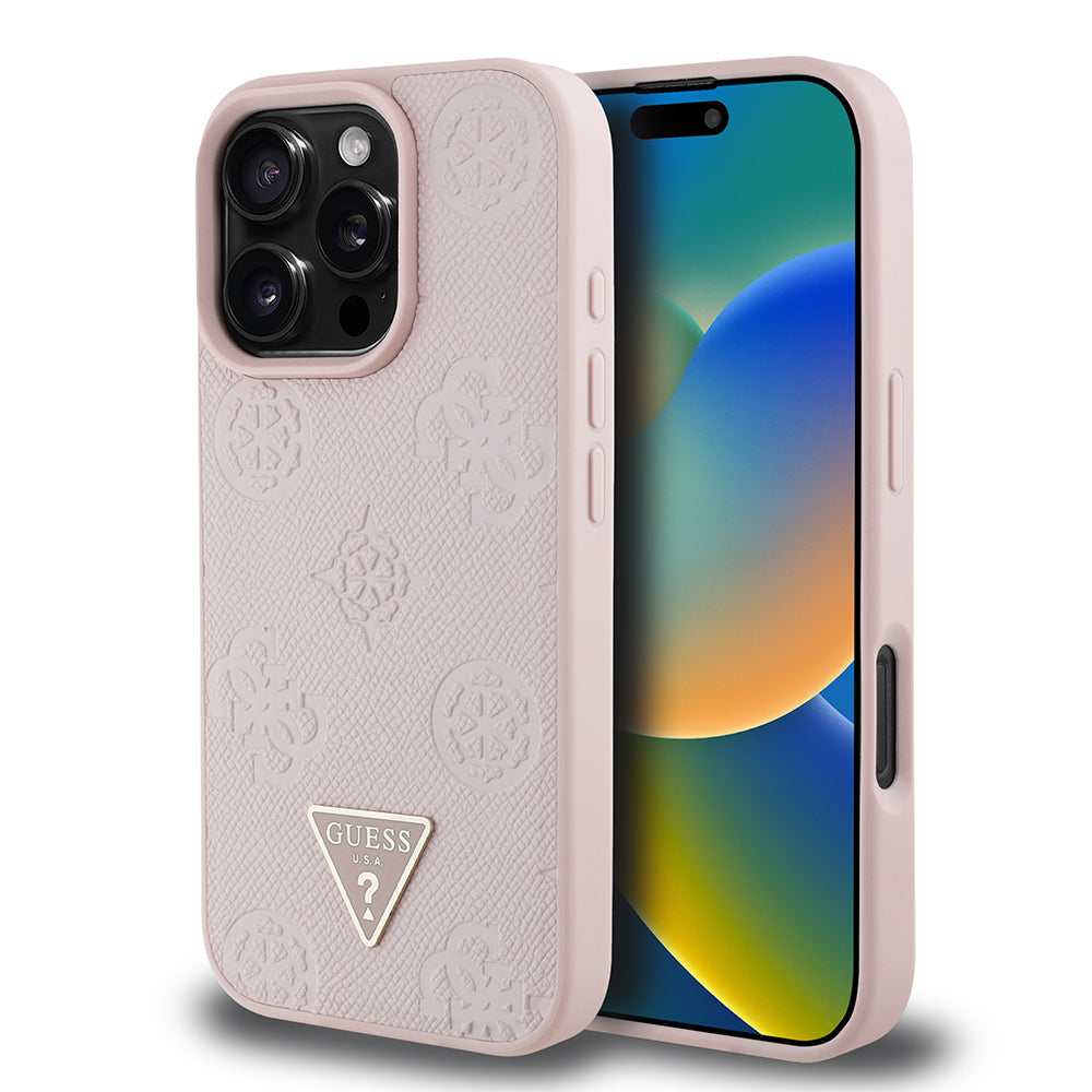 Apple iPhone 16 Pro Kılıf Guess Orjinal Lisanslı M-safe Şarj Özellikli Sıcak Baskılı Üçgen Logolu PU Deri Peony Kapak Kahverengi