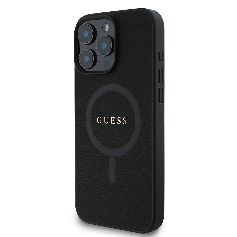 Apple iPhone 16 Pro Kılıf Guess Orjinal Lisanslı Magsafe Şarj Özellikli Yazı Logolu Saffiano Classic Kapak Siyah