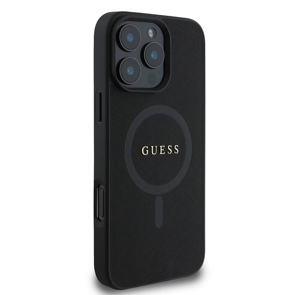 Apple iPhone 16 Pro Kılıf Guess Orjinal Lisanslı Magsafe Şarj Özellikli Yazı Logolu Saffiano Classic Kapak Siyah