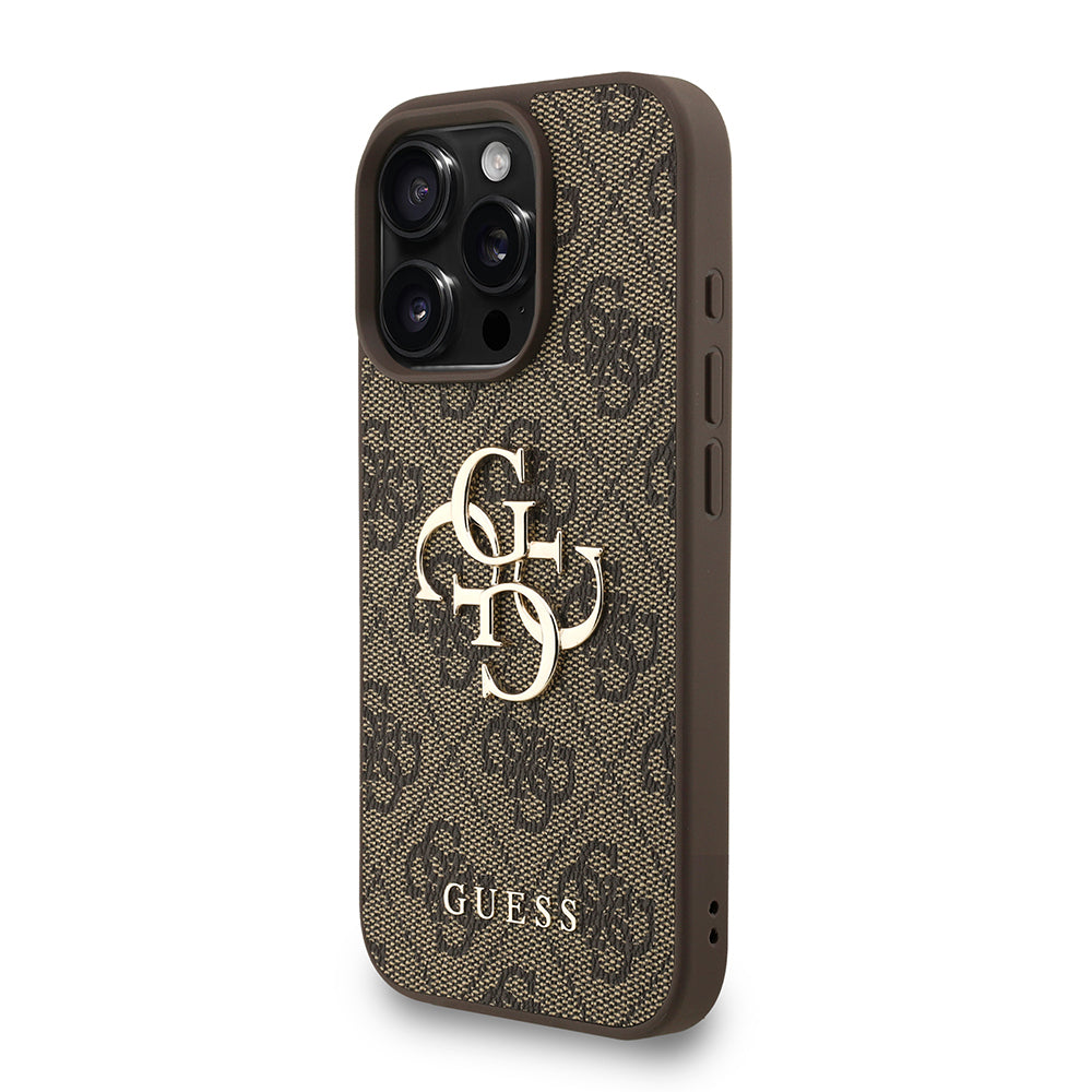 Apple iPhone 16 Pro Kılıf Guess Orjinal Lisanslı PU Deri Bilek Askı İpli Metal Büyük 4G ve Yazı Logolu Kapak Kahverengi