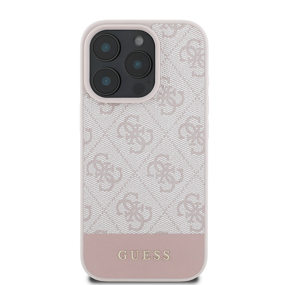 Apple iPhone 16 Pro Kılıf Guess Orjinal Lisanslı PU Deri Şerit Logo Dizaynlı Kapak Pembe