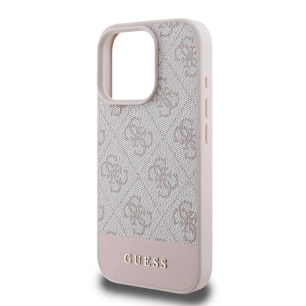 Apple iPhone 16 Pro Kılıf Guess Orjinal Lisanslı PU Deri Şerit Logo Dizaynlı Kapak Pembe