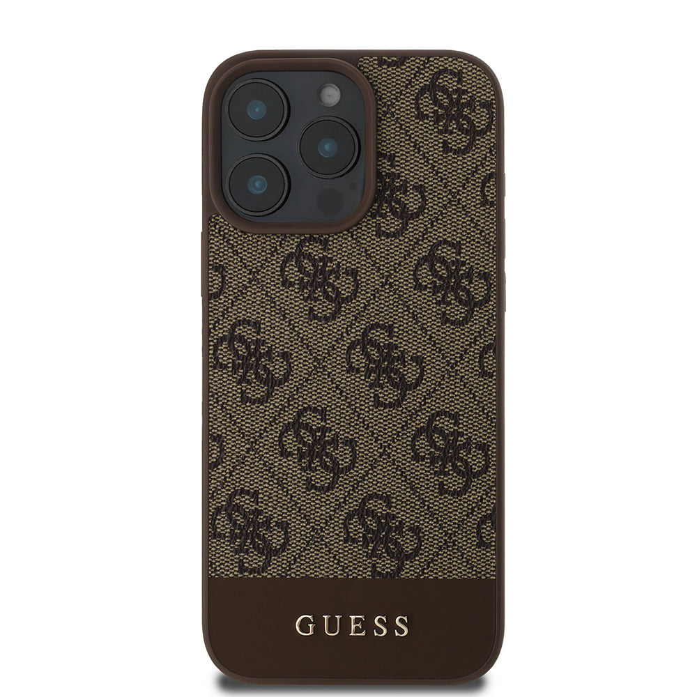 Apple iPhone 16 Pro Kılıf Guess Orjinal Lisanslı PU Deri Şerit Logo Dizaynlı Kapak Kahverengi