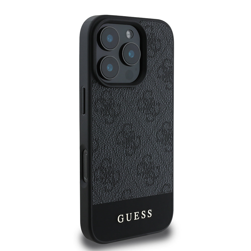 Apple iPhone 16 Pro Kılıf Guess Orjinal Lisanslı PU Deri Şerit Logo Dizaynlı Kapak Gri