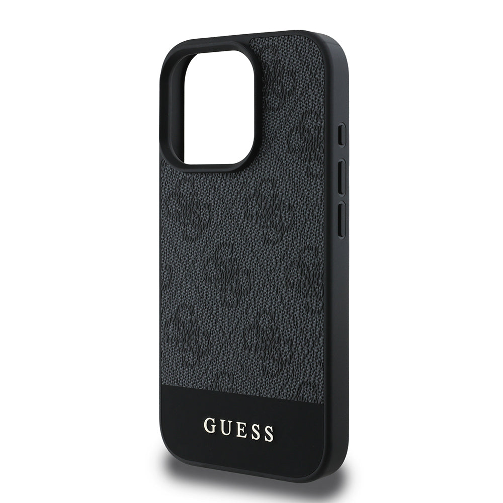 Apple iPhone 16 Pro Kılıf Guess Orjinal Lisanslı PU Deri Şerit Logo Dizaynlı Kapak Gri