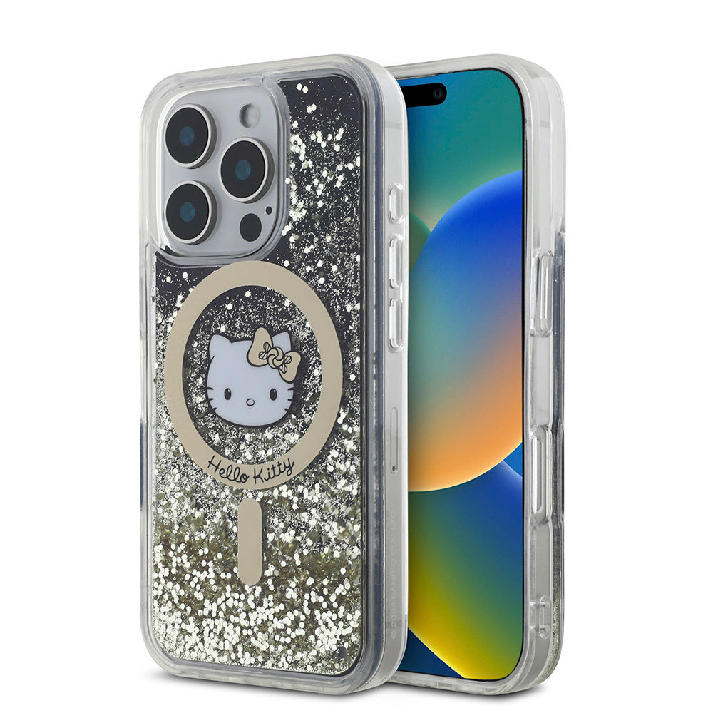 iPhone 16 Pro Kılıf Hello Kitty Orjinal Lisanslı Magsafe Şarj Özellikli IML Baskı Kitty Head Logolu Sıvılı Simli Altın Ateşi Kılıf Siyah