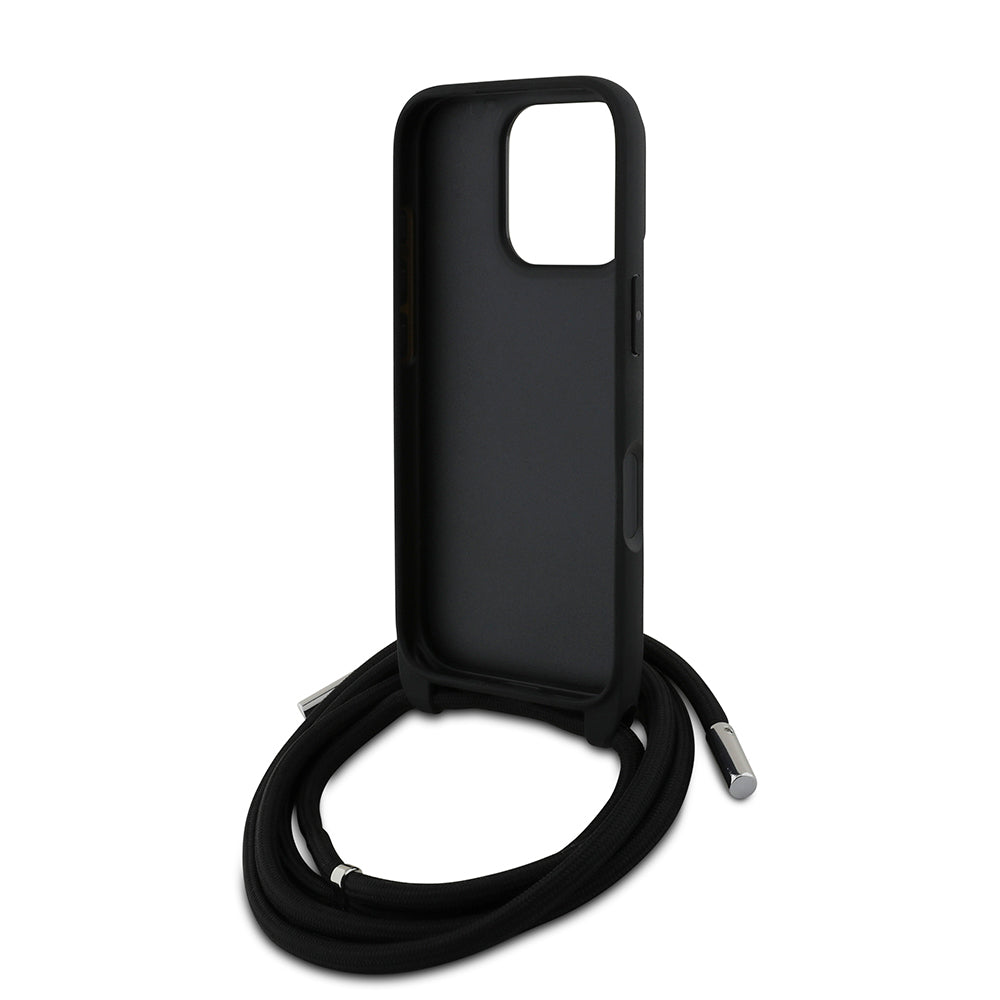 iPhone 16 Pro Kılıf Karl Lagerfeld Orjinal Lisanslı Askı İpli Taşlı KL Yazılı Crossbody Cord Kılıf Siyah