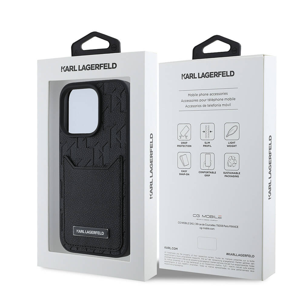 iPhone 16 Pro Kılıf Karl Lagerfeld Orjinal Lisanslı Kartlıklı Monogram Sıcak Damgalı Elongated Logo Kılıf Siyah