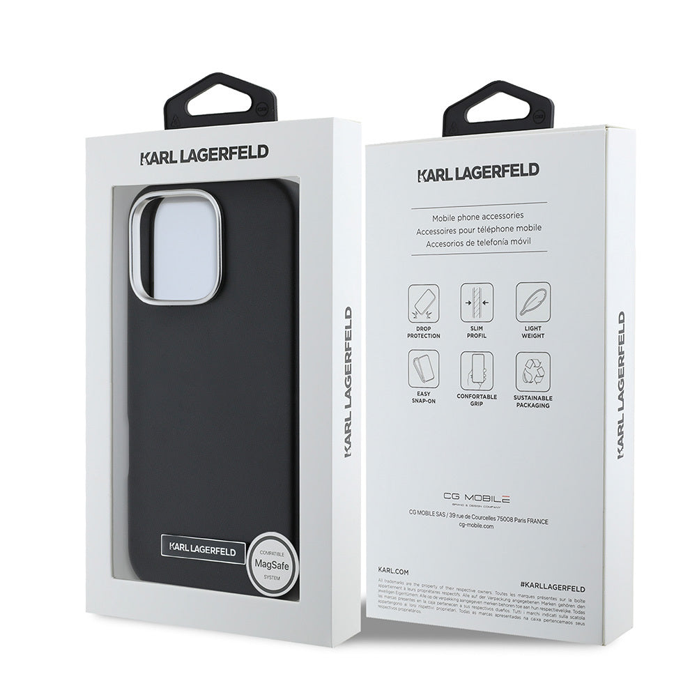iPhone 16 Pro Kılıf Karl Lagerfeld Orjinal Lisanslı Magsafe Şarj Özellikli Metal Kamera ve Buton Tasarımlı Plaka Logolu PU Deri Kılıf Siyah