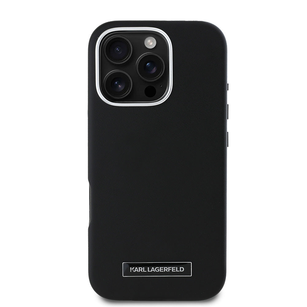 iPhone 16 Pro Kılıf Karl Lagerfeld Orjinal Lisanslı Magsafe Şarj Özellikli Metal Kamera ve Buton Tasarımlı Plaka Logolu PU Deri Kılıf Siyah