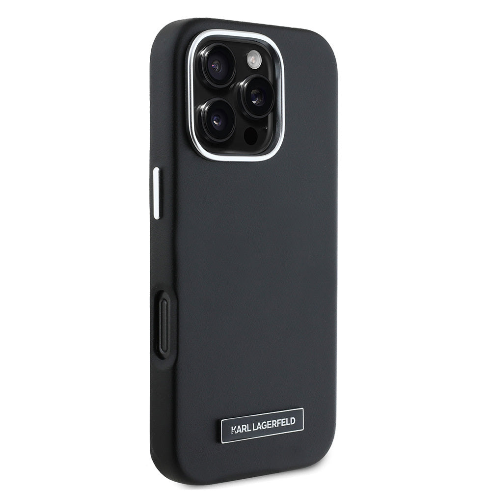 iPhone 16 Pro Kılıf Karl Lagerfeld Orjinal Lisanslı Magsafe Şarj Özellikli Metal Kamera ve Buton Tasarımlı Plaka Logolu PU Deri Kılıf Siyah