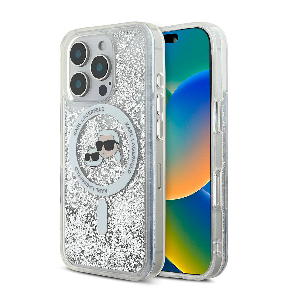 iPhone 16 Pro Kılıf Karl Lagerfeld Orjinal Lisanslı Magsafe Şarj Özellikli Sıvılı Simli KC Heads Kılıf Şeffaf