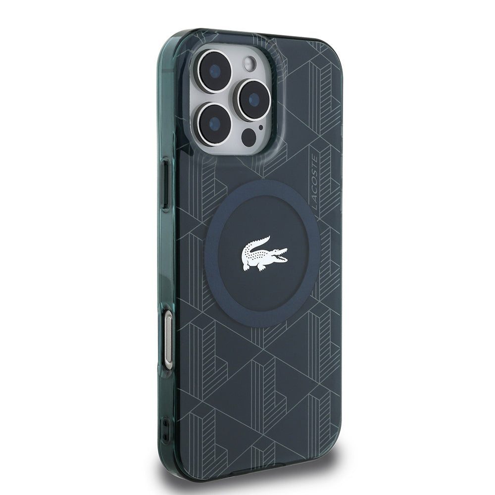 iPhone 16 Pro Kılıf Lacoste Orjinal Lisanslı Magsafe Şarj Özellikli IML Baskılı Gümüş Timsah Logolu Monogram Kılıf Yeşil