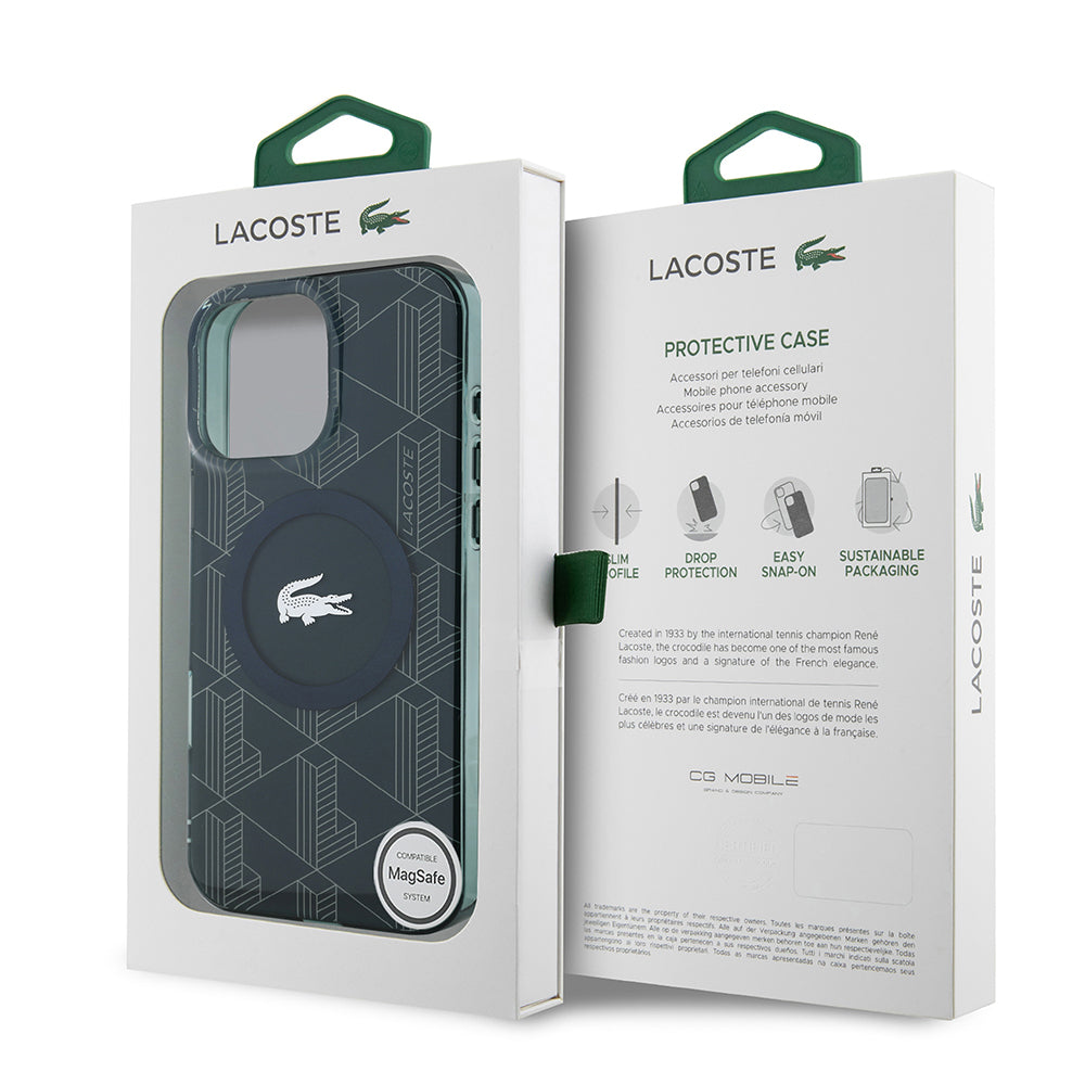 iPhone 16 Pro Kılıf Lacoste Orjinal Lisanslı Magsafe Şarj Özellikli IML Baskılı Gümüş Timsah Logolu Monogram Kılıf Yeşil