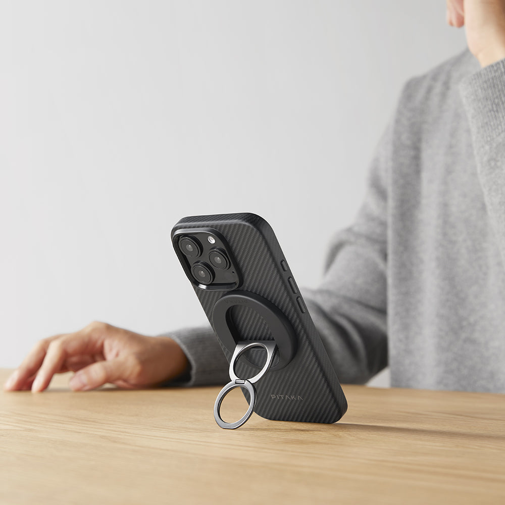 Apple iPhone 16 Pro Kılıf M-safe Şarj Özellikli Aramid Fiber Pitaka Military-Grade Classic Serisi New Logo Black-Grey Twill Kapak Siyah