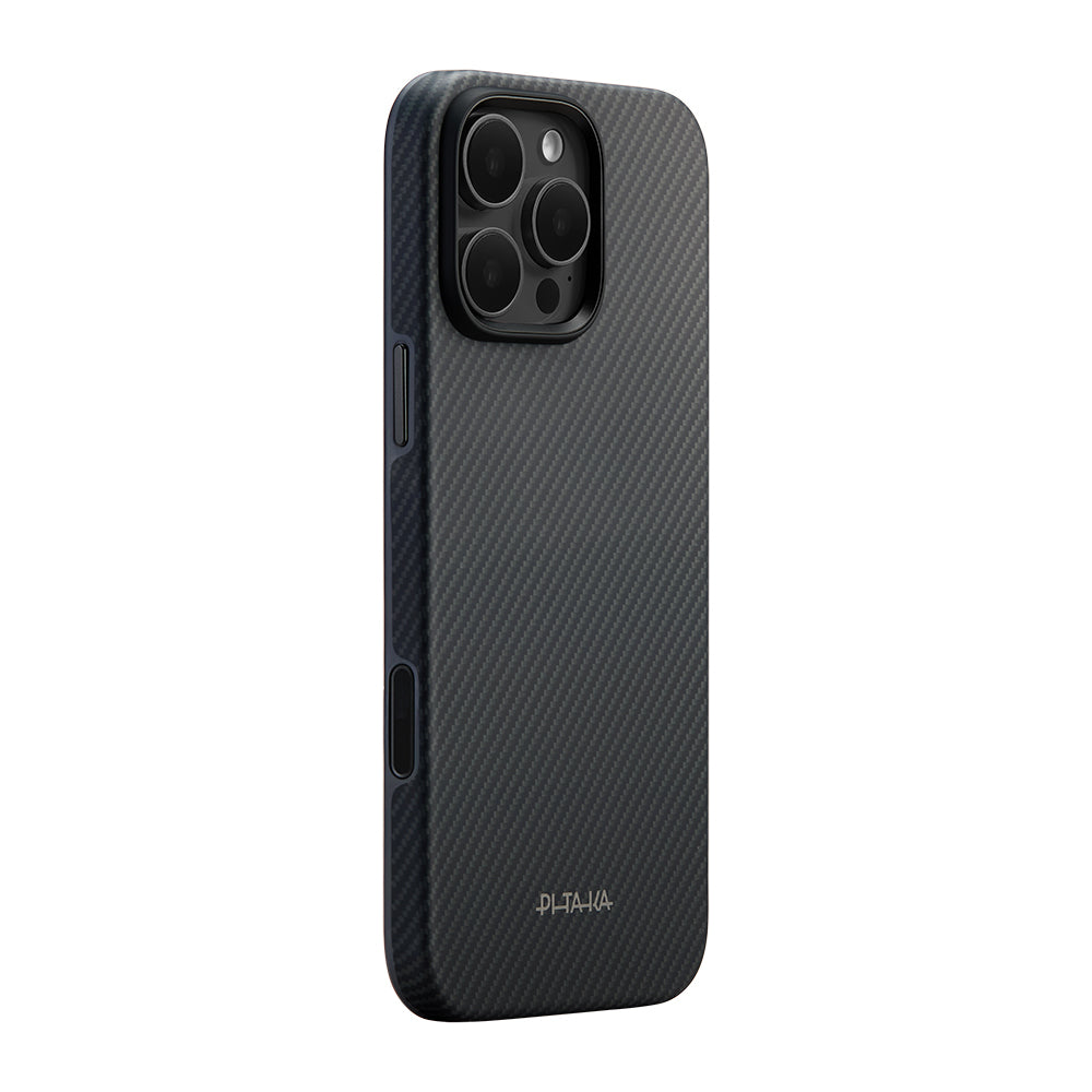 Apple iPhone 16 Pro Kılıf M-safe Şarj Özellikli Aramid Fiber Pitaka Military-Grade Classic Serisi New Logo Black-Grey Twill Kapak Siyah