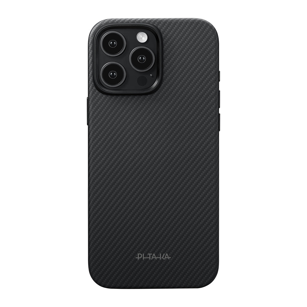 Apple iPhone 16 Pro Kılıf M-safe Şarj Özellikli Aramid Fiber Pitaka Military-Grade Classic Serisi New Logo Black-Grey Twill Kapak Siyah