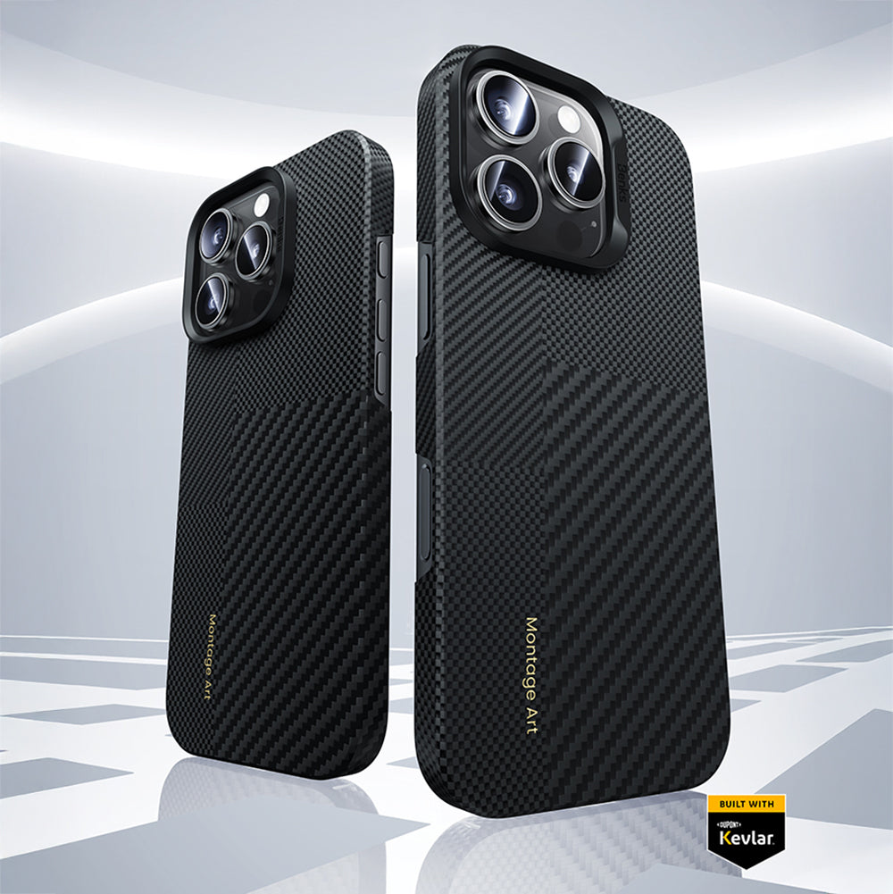 Apple iPhone 16 Pro Kılıf M-safe Şarj Özellikli Karbon Fiber Metal Kamera Çerçeveli Benks Montage ArmorAir Kevlar Kapak Siyah