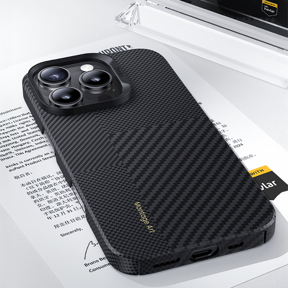 Apple iPhone 16 Pro Kılıf M-safe Şarj Özellikli Karbon Fiber Metal Kamera Çerçeveli Benks Montage ArmorAir Kevlar Kapak Siyah