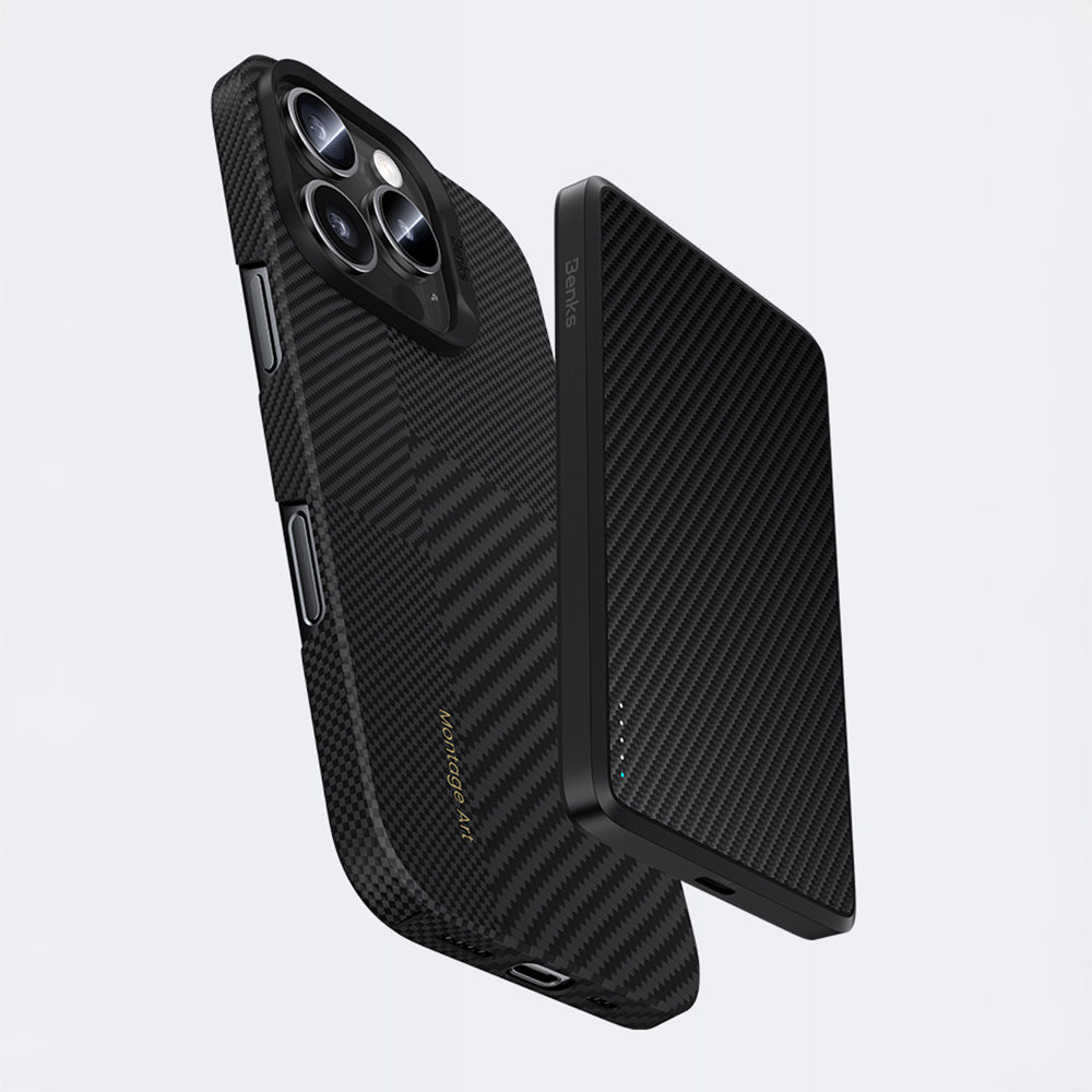 Apple iPhone 16 Pro Kılıf M-safe Şarj Özellikli Karbon Fiber Metal Kamera Çerçeveli Benks Montage ArmorAir Kevlar Kapak Siyah
