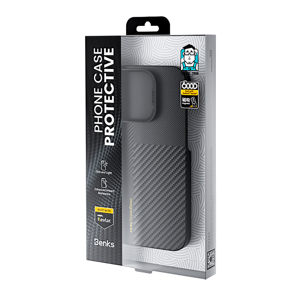 Apple iPhone 16 Pro Kılıf M-safe Şarj Özellikli Karbon Fiber Metal Kamera Çerçeveli Benks Montage ArmorAir Kevlar Kapak Siyah